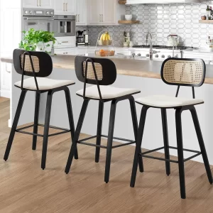 3 x Woven Bar Stool-Rattan Back-Wooden Frame-Leather Seat