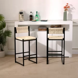 2 x Woven Paper Rope Counter Height Bar Stool with Back