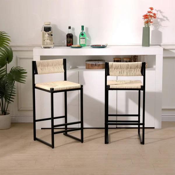2 x Woven Paper Rope Counter Height Bar Stool with Back