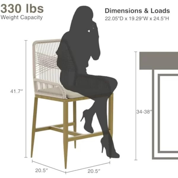 Outdoor Woven Rattan Bar Stool with Back, Armrest, Metal Frame - Image 2