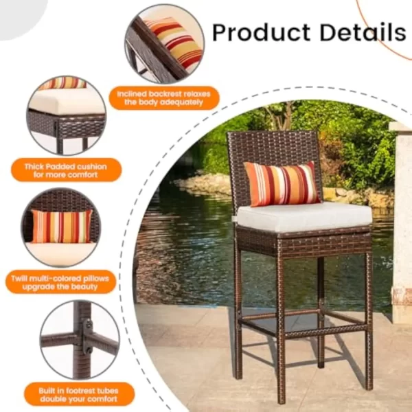 Woven Wicker Counter Height Bar Stool with Back & Cushion - Image 4