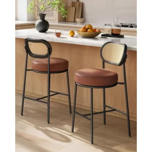 Counter Woven Bar Stool-Rattan Back-Metal Legs-Leather Seat