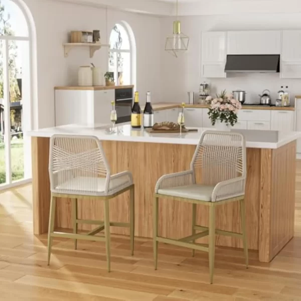 Outdoor Woven Rattan Bar Stool with Back, Armrest, Metal Frame